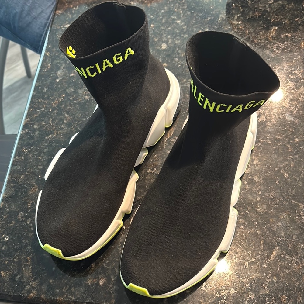 Balenciaga Black and Neon Green High-Top Sneakers
